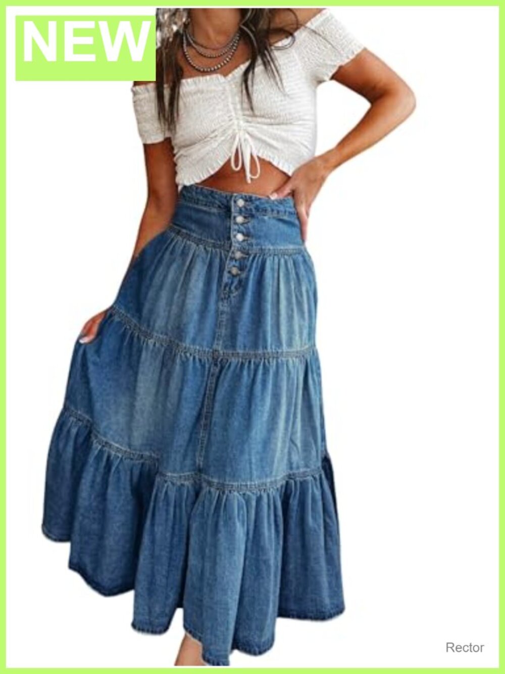 High-Waist Blue Denim Tiered Maxi Skirt